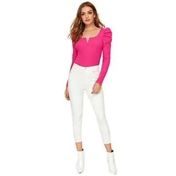 Floerns Women's Chic Notch V Neck Long Sleeve Tee in Pink
