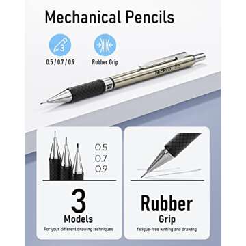 Nicpro 6PCS Art Mechanical Pencil Set, 3PCS Metal Drafting Pencil 0.5 mm & 0.7 mm & 0.9 mm & 3PCS 2mm Graphite Lead Holder (2B HB 2H) For Writing, Sketching Drawing With Lead Refills Case