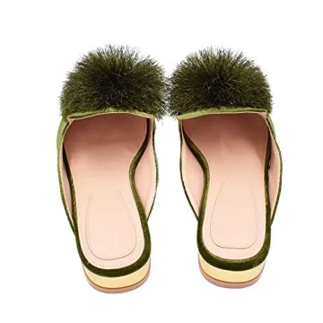 Fericzot Mules for Women Stylish Slip-On Flats with Poms
