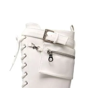 DREAM PAIRS Women's Combat Riding Platform Knee High Boots, Lace Up Fall Lug Sole Gothic Motorcycle Boots with Inside Zipper,Size 6,White,SDKB2304W