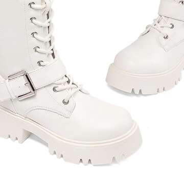 DREAM PAIRS Women's Combat Riding Platform Knee High Boots, Lace Up Fall Lug Sole Gothic Motorcycle Boots with Inside Zipper,Size 6,White,SDKB2304W