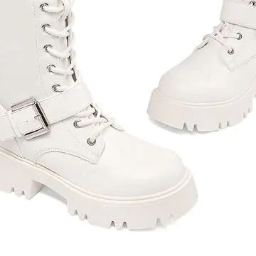 DREAM PAIRS Women's Combat Riding Platform Knee High Boots, Lace Up Fall Lug Sole Gothic Motorcycle Boots with Inside Zipper,Size 6,White,SDKB2304W