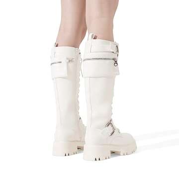 DREAM PAIRS Women's Combat Riding Platform Knee High Boots, Lace Up Fall Lug Sole Gothic Motorcycle Boots with Inside Zipper,Size 6,White,SDKB2304W