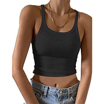 Meladyan Women Plain Ribbed Knit Crop Cami Tank Basic Slim Fit Scoop Neck Sleeveless Racerback Cropp...
