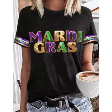 Mardi Gras Shirt for Women Glitter Mask Graphic Tee Short Sleeve Carnival New Orleans Party Tee Top(...