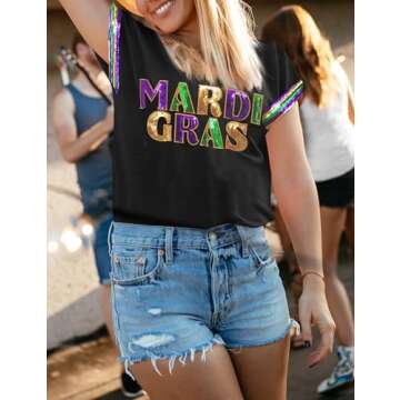 Mardi Gras Shirt for Women Glitter Mask Graphic Tee Short Sleeve Carnival New Orleans Party Tee Top(P1,S)