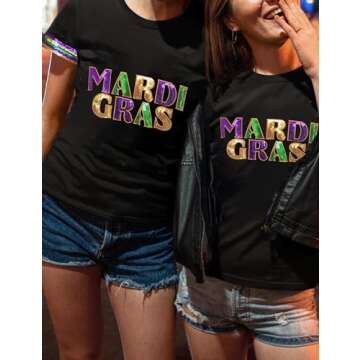 Mardi Gras Shirt for Women Glitter Mask Graphic Tee Short Sleeve Carnival New Orleans Party Tee Top(P1,S)