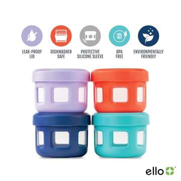Ello Reusable Plastic Condiment Containers 4oz each with Screw-on Leak Proof Lid 4 Pack | Perfect for Salad Dressing Sauce Dips Lunchbox Picnic Travel Bento Box | BPA-Free | Dishwasher Safe | Fruit