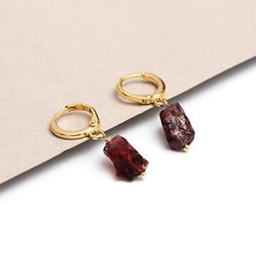 Gempires Raw Red Garnet Crystal Hoop Earring, Gemstone Hoop Earring, January Birthstone, Healing Crystals, Gift For Her (Red Garnet)