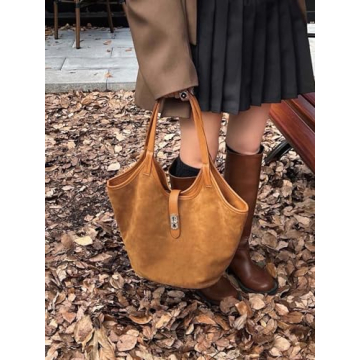 Rejolly Suede Bucket Tote Bags for Women Shoulder Bag Trendy Fall Purse Slouchy Handbag Brown