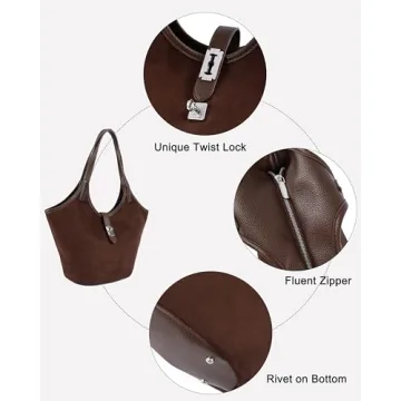 Rejolly Suede Bucket Tote Bags for Women Shoulder Bag Trendy Fall Purse Slouchy Handbag Brown