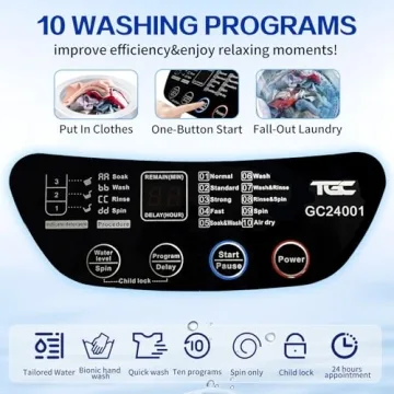 TGC 0.9 Cu.Ft.Small Portable Washer, 7.7 lb. Capacity Mini Washing Machine for Homes & Apartments & LED Display，Built-in Drain Pump,White，10 Wash Cycles and Drain Hose Included