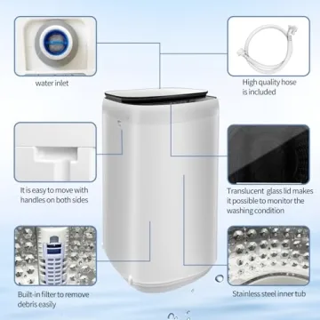 TGC 0.9 Cu.Ft.Small Portable Washer, 7.7 lb. Capacity Mini Washing Machine for Homes & Apartments & LED Display，Built-in Drain Pump,White，10 Wash Cycles and Drain Hose Included
