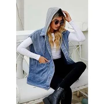 PAODIKUAI Women's Denim Vest Mid Long Jean Vest Sleeveless Jackets Distressed Vest Cotton (A-blue with hood, X-Large)