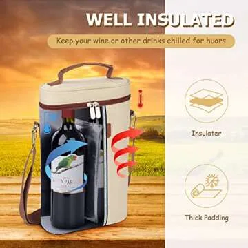 Tirrinia 2 Bottle Wine Gift Tote Carrier - Leakproof & Insulated Padded Versatile Wine Cooler Bag for Travel, BYOB Restaurant, Wine Tasting, Party, Dinner, Valentine's Day Gift for Wine Lovers, Beige