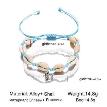 Aluinn Boho Turtle Layered Shell Anklet Set Silver Ankle Bracelets Beaded Foot Chain Beach Foot Jewe...