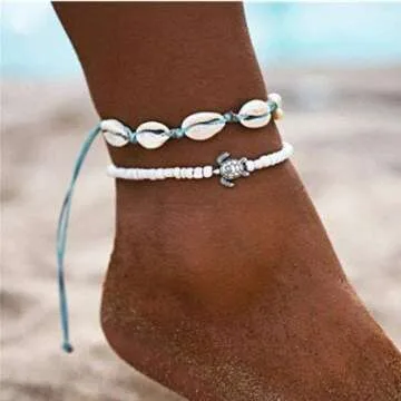Aluinn Boho Turtle Layered Shell Anklet Set Silver Ankle Bracelets Beaded Foot Chain Beach Foot Jewelry Accessories for Women summer gifts