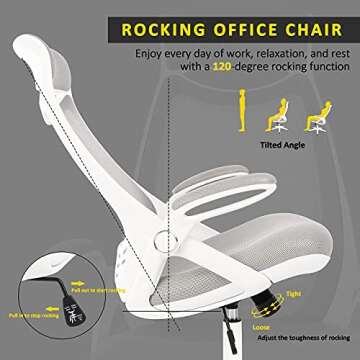 HYLONE Ergonomic Office Desk Chair, High-Back Mesh Computer Chair with Flip Up Arms, Headrest and Lumbar Support, Height Adjustable, White