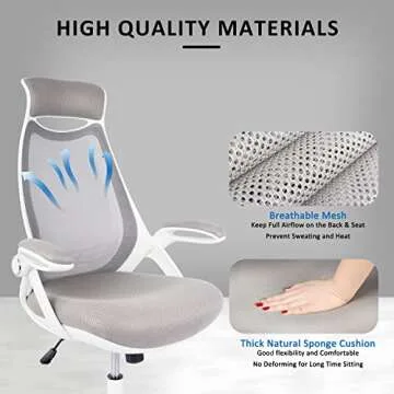 HYLONE Ergonomic Office Desk Chair, High-Back Mesh Computer Chair with Flip Up Arms, Headrest and Lumbar Support, Height Adjustable, White