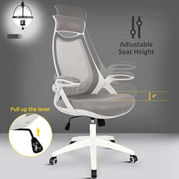 HYLONE Ergonomic Office Desk Chair, High-Back Mesh Computer Chair with Flip Up Arms, Headrest and Lumbar Support, Height Adjustable, White