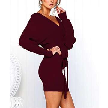 Mansy Women's Sexy Cocktail Batwing Long Sleeve Backless Mock Wrap Knit Sweater Mini Dress Burgundy
