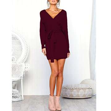 Mansy Women's Sexy Cocktail Batwing Long Sleeve Backless Mock Wrap Knit Sweater Mini Dress Burgundy