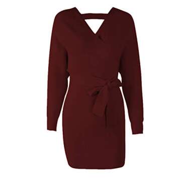 Mansy Women's Sexy Cocktail Batwing Long Sleeve Backless Mock Wrap Knit Sweater Mini Dress Burgundy