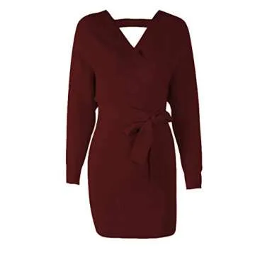 Mansy Women's Sexy Cocktail Batwing Long Sleeve Backless Mock Wrap Knit Sweater Mini Dress Burgundy