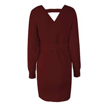 Mansy Women's Sexy Cocktail Batwing Long Sleeve Backless Mock Wrap Knit Sweater Mini Dress Burgundy