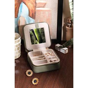 S.Leaf Mini Jewelry Case - Portable Travel Jewelry Box for Women (01 Lychee Sage Green)