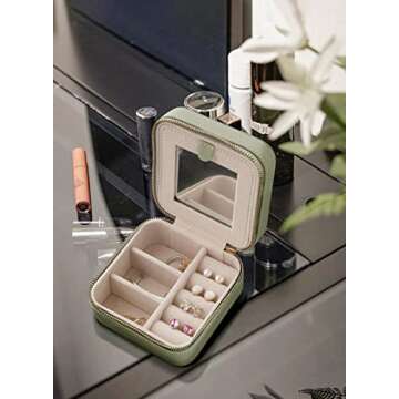 S.Leaf Mini Jewelry Case - Portable Travel Jewelry Box for Women (01 Lychee Sage Green)