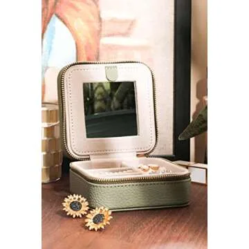 S.Leaf Mini Jewelry Case - Portable Travel Jewelry Box for Women (01 Lychee Sage Green)