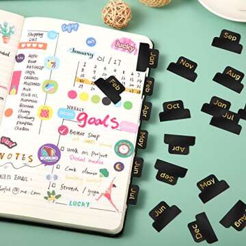48 Pieces Adhesive Tabs Designer Accessories Monthly Tabs Planner Stickers Decorative Monthly Index Tab for Office Study Planners Organizations (Black)