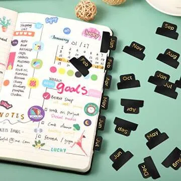48 Pieces Adhesive Tabs Designer Accessories Monthly Tabs Planner Stickers Decorative Monthly Index Tab for Office Study Planners Organizations (Black)