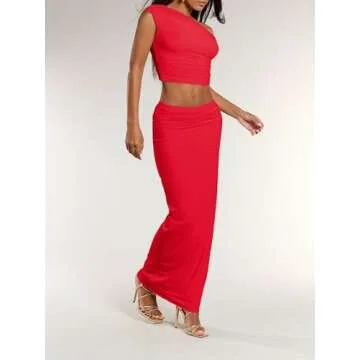 BEAUDRM Women's Elegant Sexy 2 Piece Outfits Mesh One Off Shoulder Ruched Crop Top and Maxi Skirt Long Bodycon Skirt Sets Red Medium