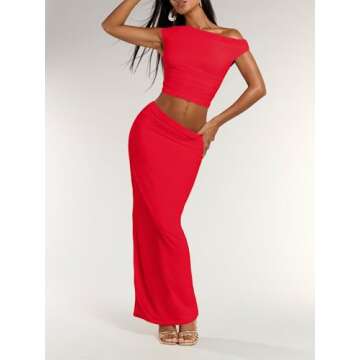 BEAUDRM Women's Elegant Sexy 2 Piece Outfits Mesh One Off Shoulder Ruched Crop Top and Maxi Skirt Long Bodycon Skirt Sets Red Medium