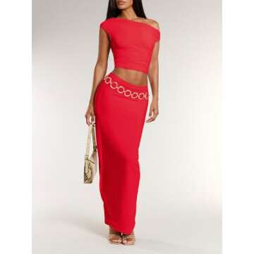 BEAUDRM Women's Elegant Sexy 2 Piece Outfits Mesh One Off Shoulder Ruched Crop Top and Maxi Skirt Long Bodycon Skirt Sets Red Medium