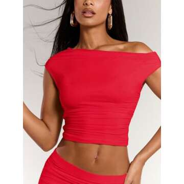 BEAUDRM Women's Elegant Sexy 2 Piece Outfits Mesh One Off Shoulder Ruched Crop Top and Maxi Skirt Long Bodycon Skirt Sets Red Medium