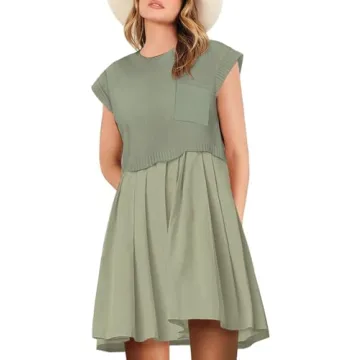 Womens Dresses Striped Knit Top Pleated Loose Swing Mini Short Sleeve Dress 2024 Trendy