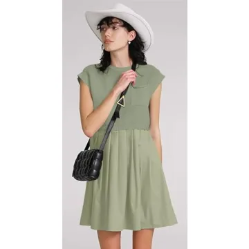 Womens Dresses Striped Knit Top Pleated Loose Swing Mini Short Sleeve Dress 2024 Trendy
