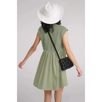 Womens Dresses Striped Knit Top Pleated Loose Swing Mini Short Sleeve Dress 2024 Trendy