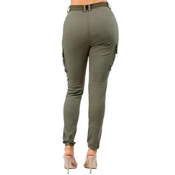 TwiinSisters Women's High Waist Slim Fit Color Cargo Joggers Pants with Matching Belt - Small, Olive