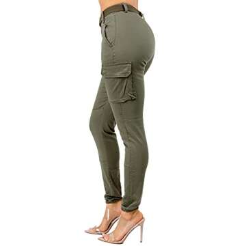 TwiinSisters Women's High Waist Slim Fit Color Cargo Joggers Pants with Matching Belt - Small, Olive