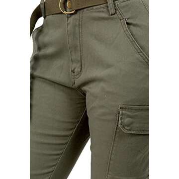 TwiinSisters Women's High Waist Slim Fit Color Cargo Joggers Pants with Matching Belt - Small, Olive