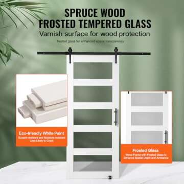 VEVOR 36x84 Inch Glass Barn Door with 6.6ft Sliding Door Hardware Kit Included, 5 Frosted Glass, Water-Proof & Scratch-Resistant Solid Wood, Pre Drilled Easy Assembly with Handle & Floor Guide, White