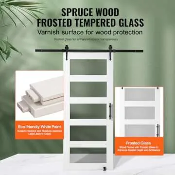 VEVOR 36x84 Inch Glass Barn Door with 6.6ft Sliding Door Hardware Kit Included, 5 Frosted Glass, Water-Proof & Scratch-Resistant Solid Wood, Pre Drilled Easy Assembly with Handle & Floor Guide, White