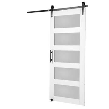 VEVOR 36x84 Inch Glass Barn Door with 6.6ft Sliding Door Hardware Kit Included, 5 Frosted Glass, Water-Proof & Scratch-Resistant Solid Wood, Pre Drilled Easy Assembly with Handle & Floor Guide, White