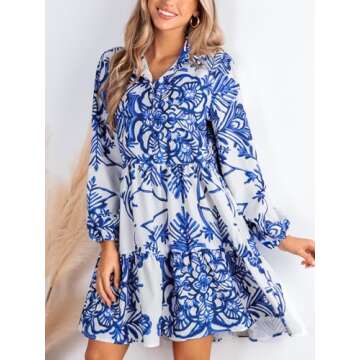 CUPSHE Women's 2025 Fall Dress - Long Sleeve V Neck Button Floral Tunic Mini Dress
