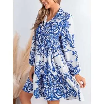 CUPSHE Women's Blue Floral Tunic Long Sleeve Dress