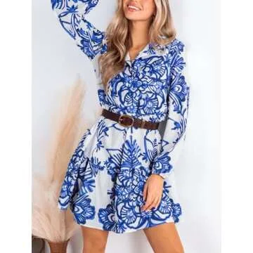 CUPSHE Women's Blue Floral Tunic Long Sleeve Dress
